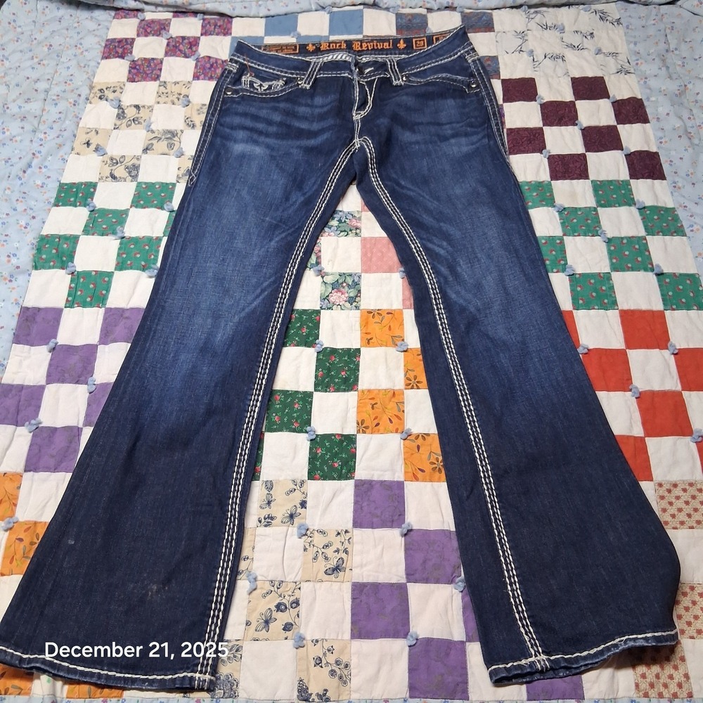 Rock Revival Molly Boot Cut Blue Jeans Size 29 Blue Sequin Embroidered Pockets - Picture 5 of 15